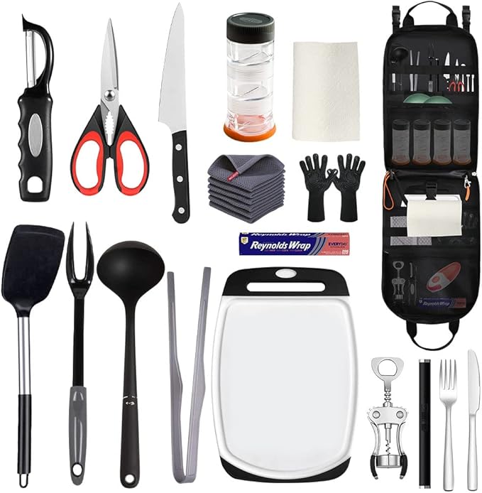 Camp Kitchen Organizer, High Capacity Camping Cooking Utensils Bag, with Hanging Hooks and Paper Towel Holder, Multi-pocket Waterproof Portable Storage for BBQ Outdoor Cooking Essentials