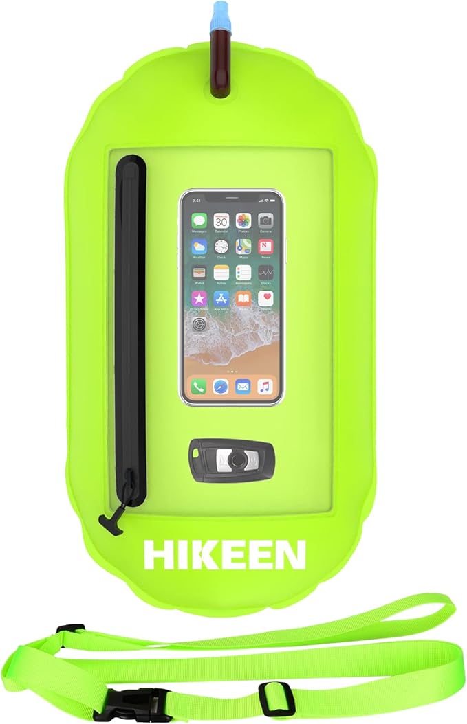 Hikeen Swim Buoy -Waterproof Touchscreen Storage Space, Swim Safety Float w/Adjustable Waist Belt for Open Water Swimmers and Triathletes -Be Bright,Be Safer & Be Seen Green