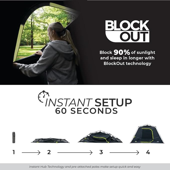 CORE Blackout Instant Cabin Tent | Large Family Pop Up Dark Room Tent with Easy Camp Setup | Included Storage Pockets for Outdoor Camping Accessories