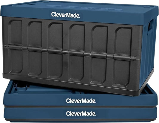 CleverMade Collapsible Storage Bins with Lids - Ocean 3 Pack 46L - Plastic Containers Stackable Organization Crates Home Closet Space-Saving Durable