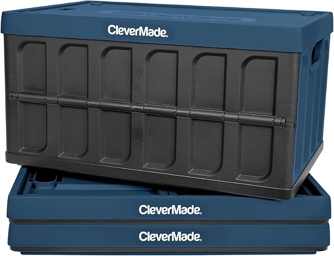 CleverMade Collapsible Storage Bins with Lids - Ocean 3 Pack 62L - Plastic Containers Stackable Organization Crates Home Closet Space-Saving Durable
