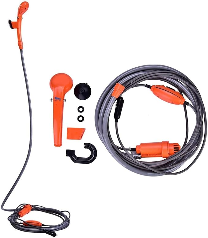 Cocoarm Portable Camping Shower, 12V Car Outdoor Shower Pump Camp Shower Handheld Camping Showerhead Powered for Camping Travel Pumps Water from Bucket, Hiking, Pet Cleaning, Pet Shower