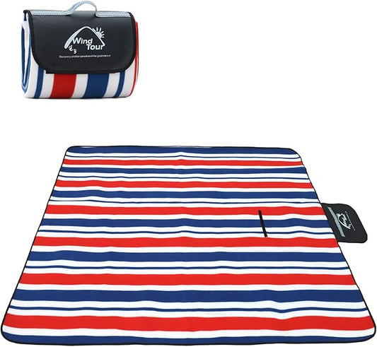 Wind Tour Family Outdoor Waterproof Durable Picnic Blankets with Carry Strap Foldable Sandproof Picnic Floor Mat for Kids Playground Camping Hiking Grass Travelling (1, Red & blue stripes-200*200cm)