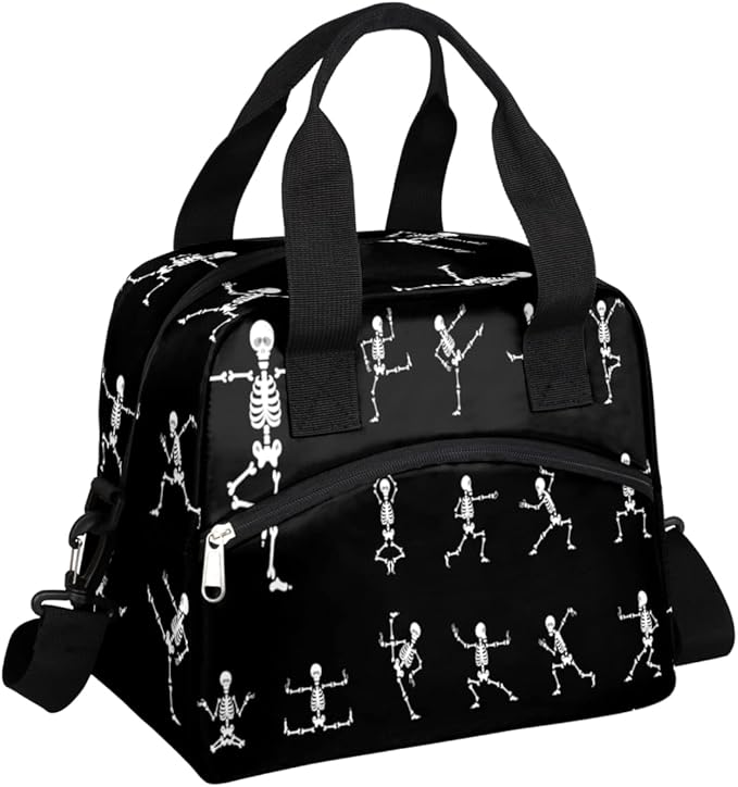 Black and White Skull Insulated Lunch Bags for Women Men Adult Skeleton Goth Reusable Lunch Tote Therma Cooler Bag with Shoulder Strap Lunch Box for School Work Office Picnic Meal Prep Bag