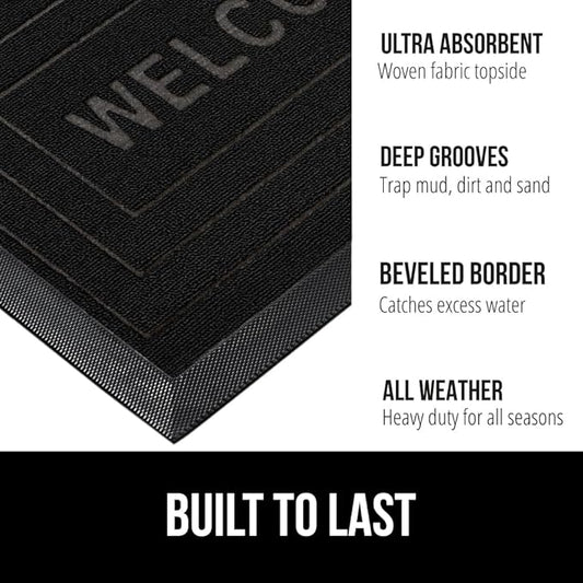 GORILLA GRIP 100% Waterproof All-Season WeatherMax Doormat, 47x35, Durable Natural Rubber, Stain and Fade Resistant, Low Profile, Indoor Outdoor Doormats, Easy Clean Patio Entry Mat, Black Welcome