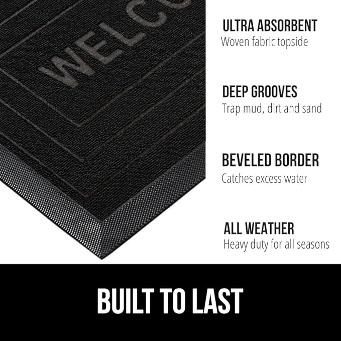 GORILLA GRIP 100% Waterproof All-Season WeatherMax Doormat, 23x35, Durable Natural Rubber, Stain and Fade Resistant, Low Profile, Indoor Outdoor Doormats, Easy Clean Patio Entry Mat, Black Welcome