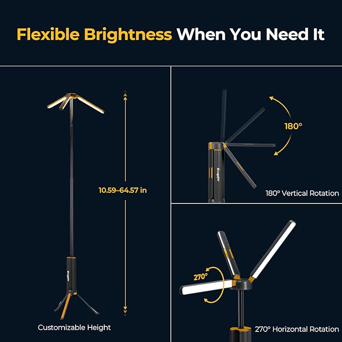 BougeRV Telescopic Camping Light, 15600mAh Collapsible Outdoor Light, Rotatable Electric Lantern, IP54 Waterproof Flashlight, Cordless Camping Tent Lamp for Emergency, Camping, Hiking(Black)