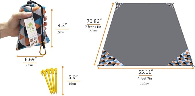 Outdoor Blanket (71" x 55") -Compact, Lightweight, Sand Proof Pocket Blanket Best Mat for The Beach, Hiking, Travel, Camping, Festivals with Pockets, Loops, Stakes, Carabiner