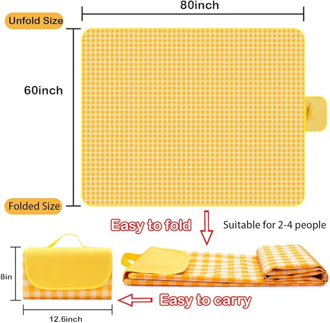 RUIBOLU Beach Blanket Large Picnic Blankets, 80x60in Sandproof Beach Mat for 2-4 Adults Waterproof Quick Drying Outdoor Picnic Mat for Travel Camping Hiking Festival Park Lawn (Yellow Plaids)