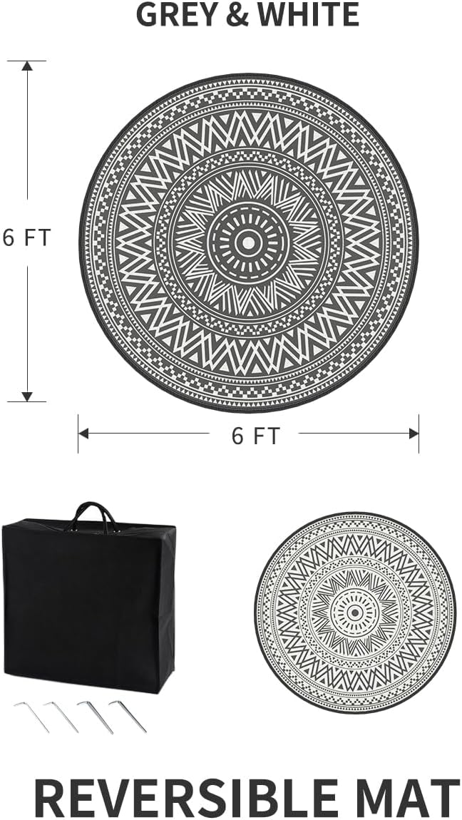 MontVoo Outdoor Rug Carpet Waterproof Round 6ft Outdoor Patio Rug Mat Reverisble Plastic Straw Outdoor Rug for RV Camping Picnic Beach Balcony Boho Grey