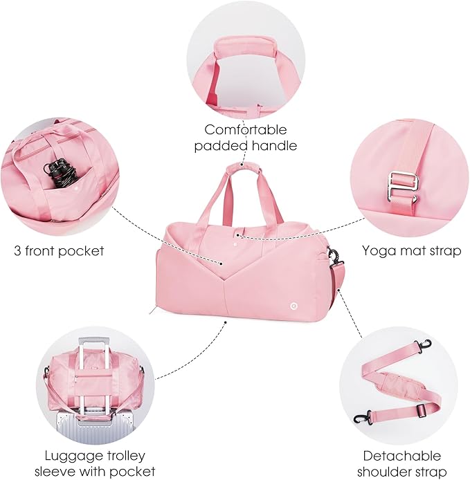 Ceneda 20" Gym Duffel Bag with Wet Pocket Shoes Compartment Portable Overnight Weekender Bag Travel bag Yoga Bag for Women (Pink)