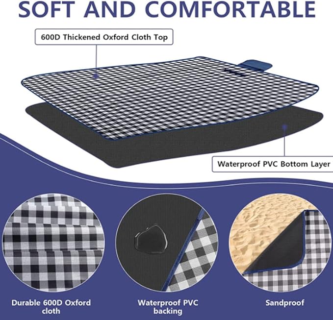 K Y KANGYUN Outdoor Picnic Blankets, Extra Large Beach Blanket, Foldable Lightweight Waterproof Sand Mat, Picnic Blanket 80" x 60" for Beach Camping Hiking Park Patio (Dark Blue, 80x60 inch)