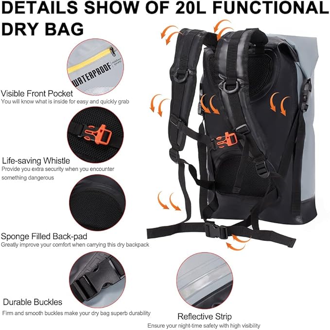 Blueshyhall 20L Waterproof Dry Backpack, Outdoor Travel Roll Top Closure Water Repellent Duffle Storage Sack for Kayaking Rafting Boating Fishing Camping and Beach - Grey