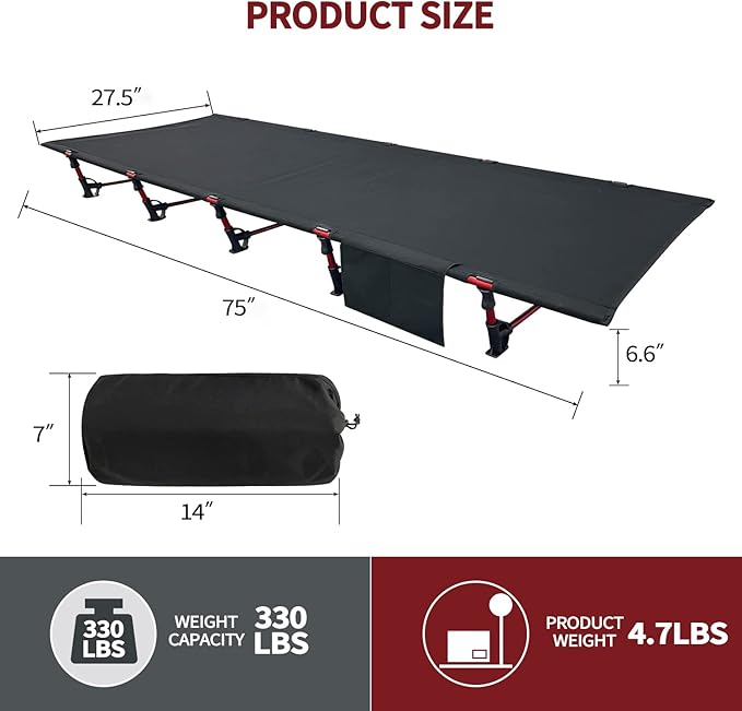 Sutekus Portable Camping Cot Sleeping Cot Ultralight Backpacking Cot Bed for Outdoor Hiking Travel Beach Mountaineering (Black)