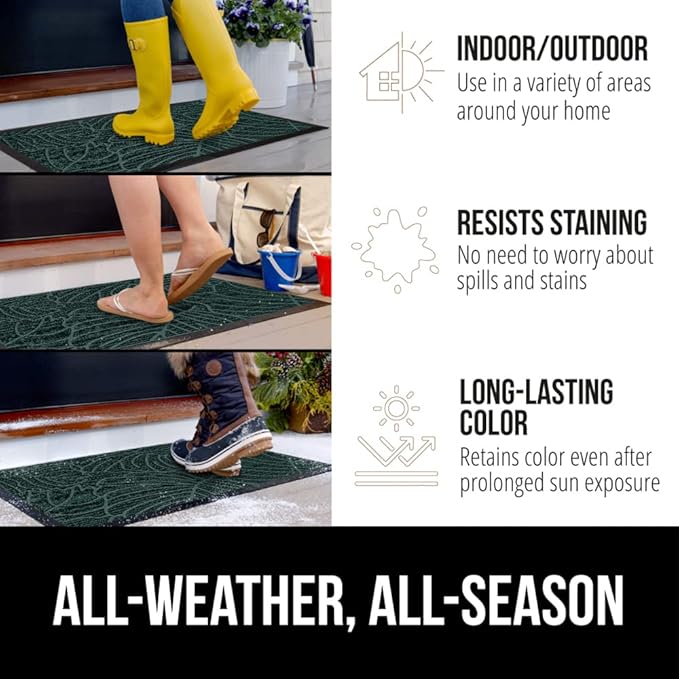 GORILLA GRIP 100% Waterproof All-Season WeatherMax Doormat, 72x24 Runner, Durable Natural Rubber, Stain and Fade Resistant, Low Profile, Indoor Outdoor Door Mats, Easy Clean Entrance Mat, Green Palm
