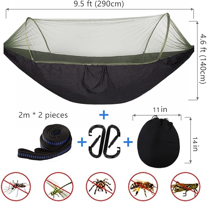 LFL Portable Camping Hammock with Mosquito Net, 1 or 2 Person Outdoor Swing Hammock, Nylon Parachute Material, Quick Opening Outside Hammock, Hiking Travel Courtyard (Black)