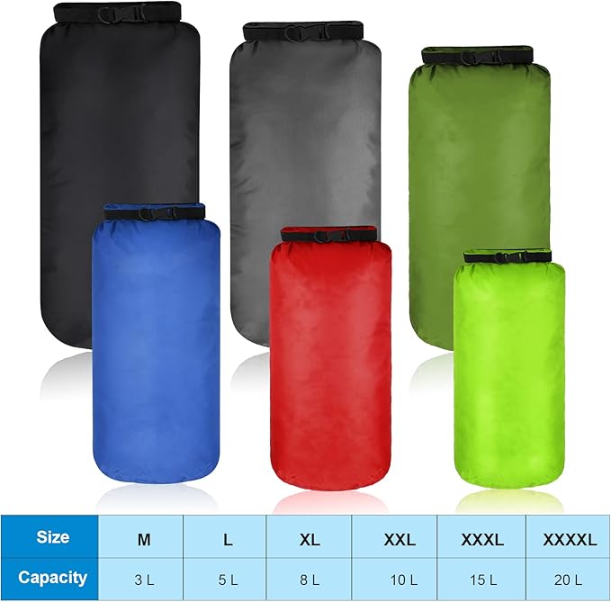 Shappy 6 Pcs Waterproof Dry Bag Set 6 Size Lightweight Sack and Long Adjustable Shoulder Strap 20/15/10/8/5/3l Outdoor Keep Gear Stuff Sack for Backpacking Boating Hiking Camping