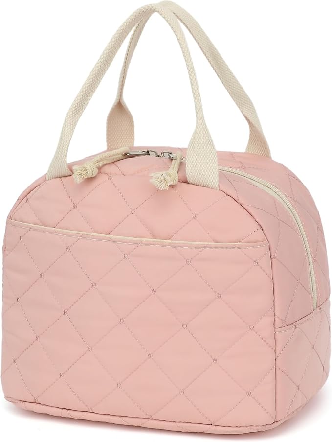 Pink Quilted Lunch Tote Bag, Insulated Thermal Cooler, Portable and Reusable Large Capacity for Office, School, or Picnic, 8.5L