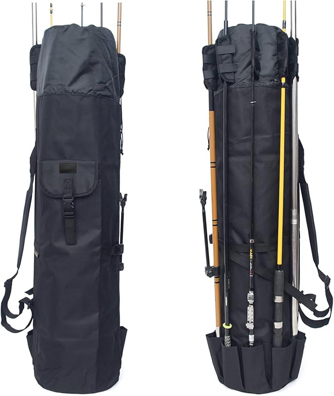 DONQL Fishing Rod Bags Outdoor Fishing Pole Holders Multifunction Camping Portable Canvas Backpack Case Fish Rod Storage Bag Fishing Rod Case Holding 5 Poles & Fishing Tackles (Black)