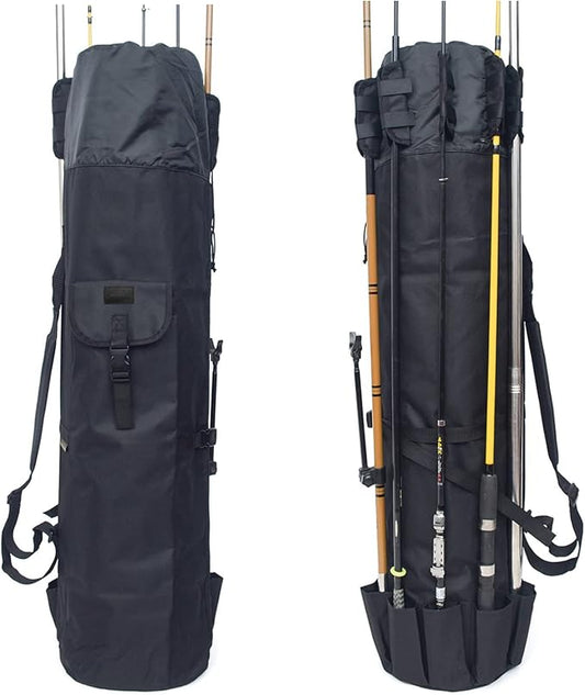 DONQL Fishing Rod Bags Outdoor Fishing Pole Holders Multifunction Camping Portable Canvas Backpack Case Fish Rod Storage Bag Fishing Rod Case Holding 5 Poles & Fishing Tackles (Black)