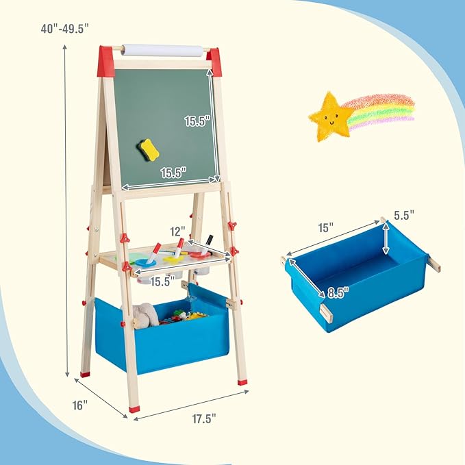 HONEY JOY Easel for Kids, Wooden Height Adjustable Double-Sided Toddler Easel w/Magnetic Chalkboard & White Board, Paper Roll, 60+ Painting Accessories, Magnetic Letters, Art Easel for Boys Girls