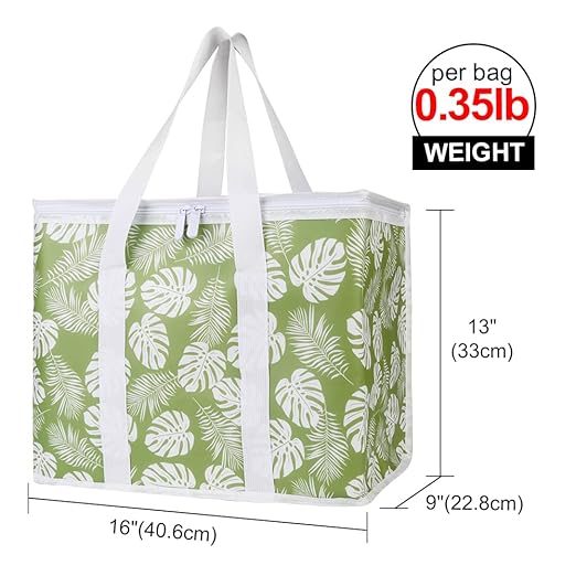 Bodaon 3-Pack Insulated Reusable Grocery Shopping Bags, X-Large Picnic Cooler Bag with Zipper Zippered Top Cold, Green-Leaf