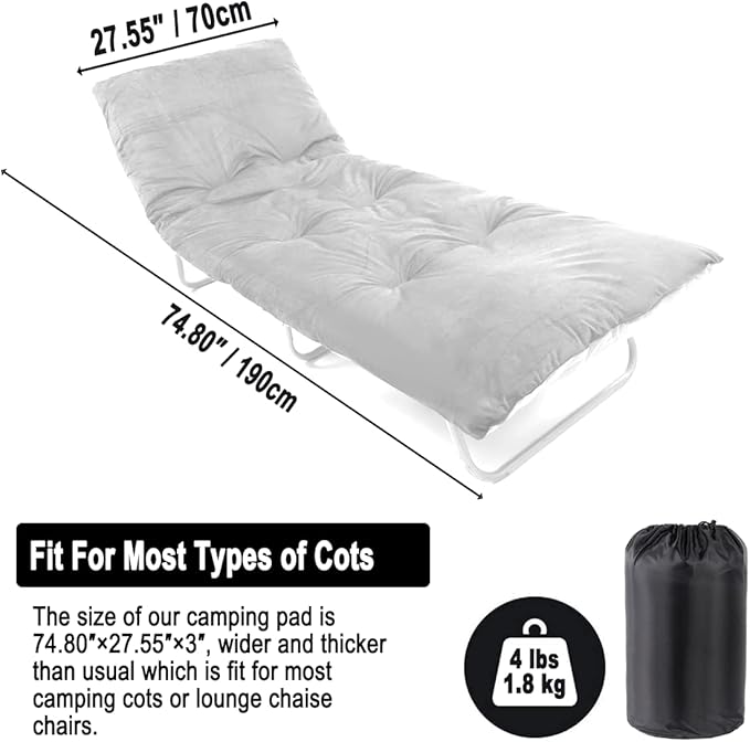 Sleeping Cot Pads (75" x 28") with Elastic Straps Portable for Outdoor & Hiking, Cotton Soft Thick Camping Cot Pad,Waterproof