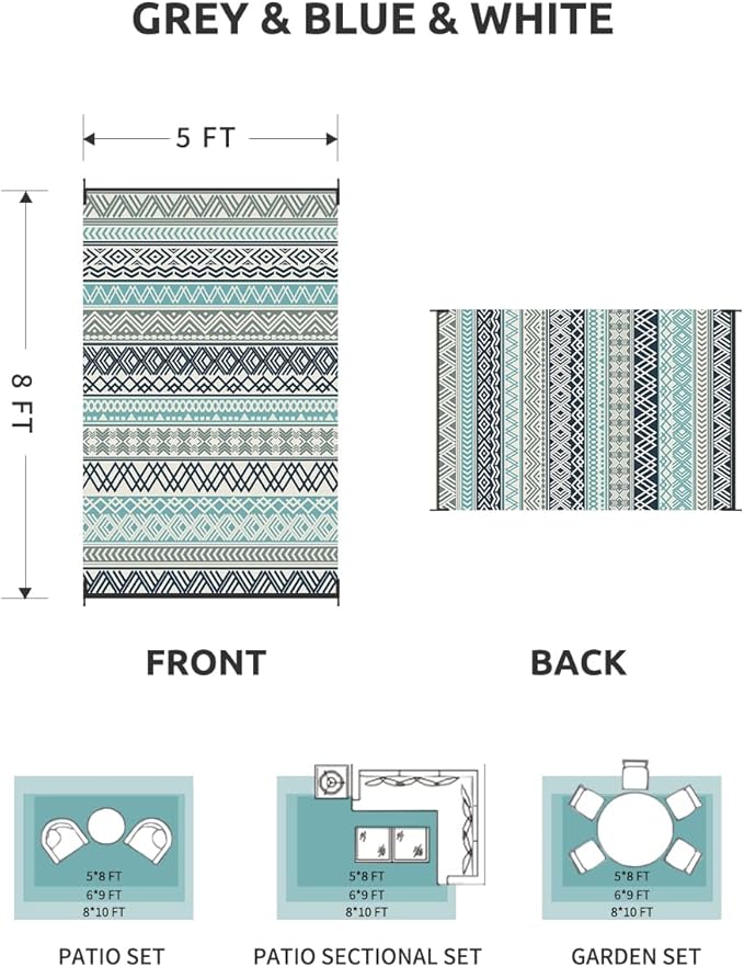 MontVoo Outdoor Rug Carpet Waterproof-Patio Rug Mat 5x8 Reversible RV Camping Rug Picnic Mat Plastic Straw Outside Rug for Balcony Porch Deck Beach-Boho Outdoor Area Rug for Patio Decor Colorful