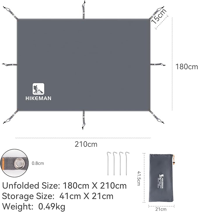 Hikeman Tent Footprint - Waterproof Camping Tarp, Heavy Duty Tent Floor Saver, Ultralight Ground Sheet Mat for Hiking, Backpacking, Hammock, Beach - Storage Bag Included(PU3000mm,180 * 210CM)