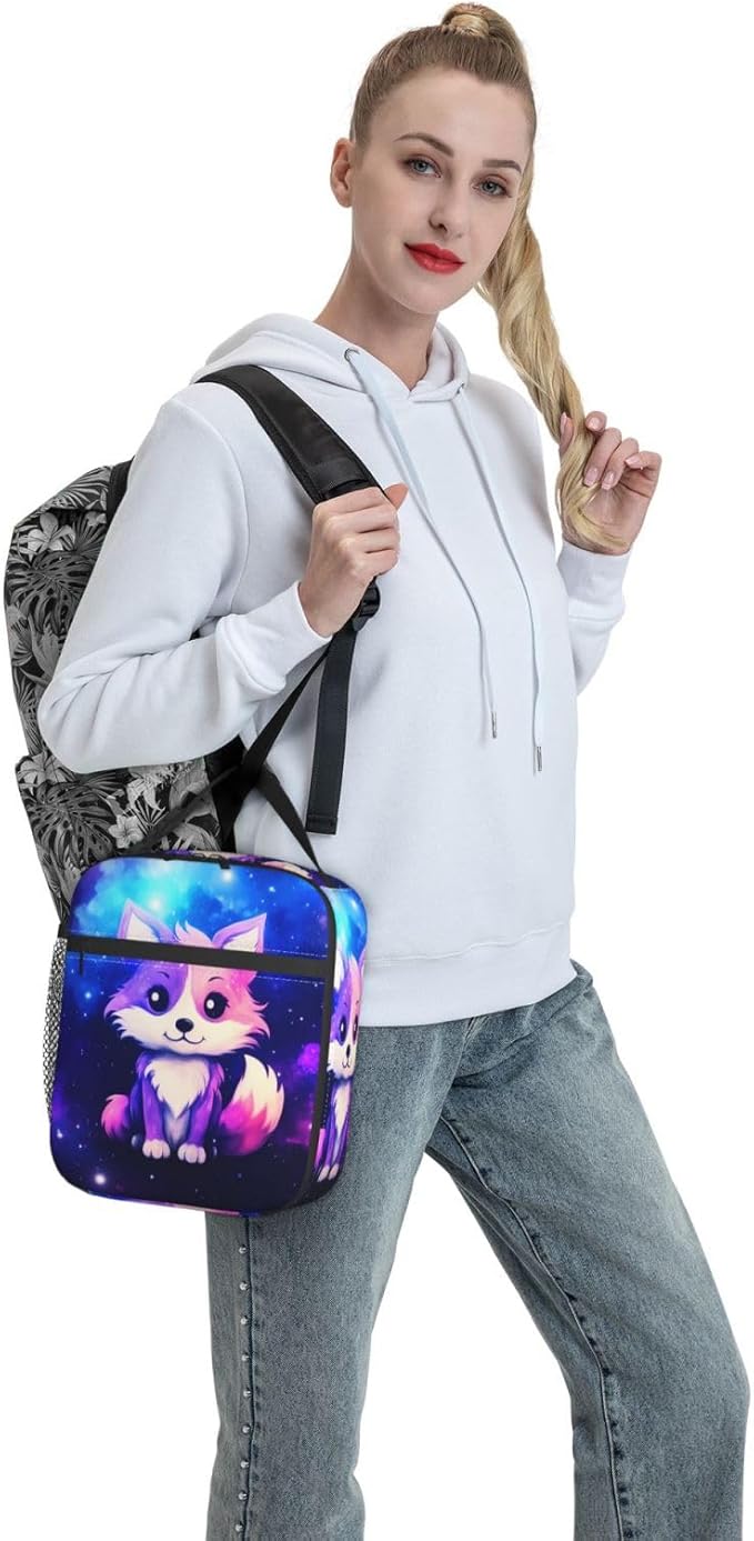 Galaxy Fox Printed Insulated Lunch Box Portable Lunch Bag with Detachable Handle,Reusable Lunchbox for Office Work Travel Picnic Camping Beach