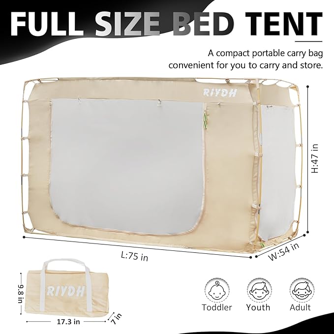 Bed Tent Bed Canopy Full Size Tents for Adult and Kids- Original Design Portable Dream Tent Indoor Sleeping 80% Blackout with 3 Doors Breathable Big Space Tents