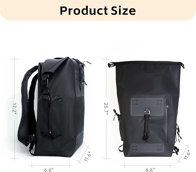 Black Waterproof Backpack 25L - 600D TPU Durable IPX8 Large Dry Bag for Kayaking, Hiking Backpack With Roll-Top Closure, Floating Waterproof Dry Backpack for Travel Outdoors, Hiking, Fishing