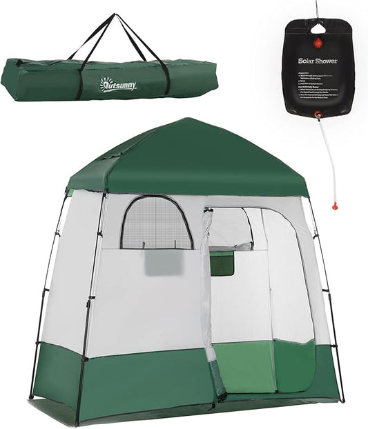 Outsunny Shower Tent, Pop Up Privacy Shelter for Camping, Dressing Changing Room, Portable Instant Outdoor Shower Tent Enclosure w/ 2 Rooms, Shower Bag, Floor and Carrying Bag