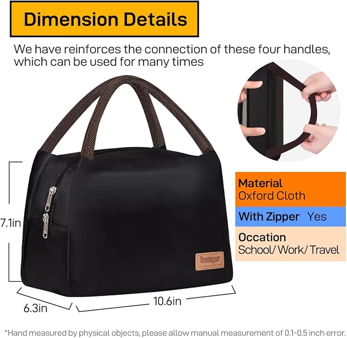 Buringer Insulated Lunch Bag Lunch Box for Women Men Adult Lunch Tote for Work Picnic Travel (Black)