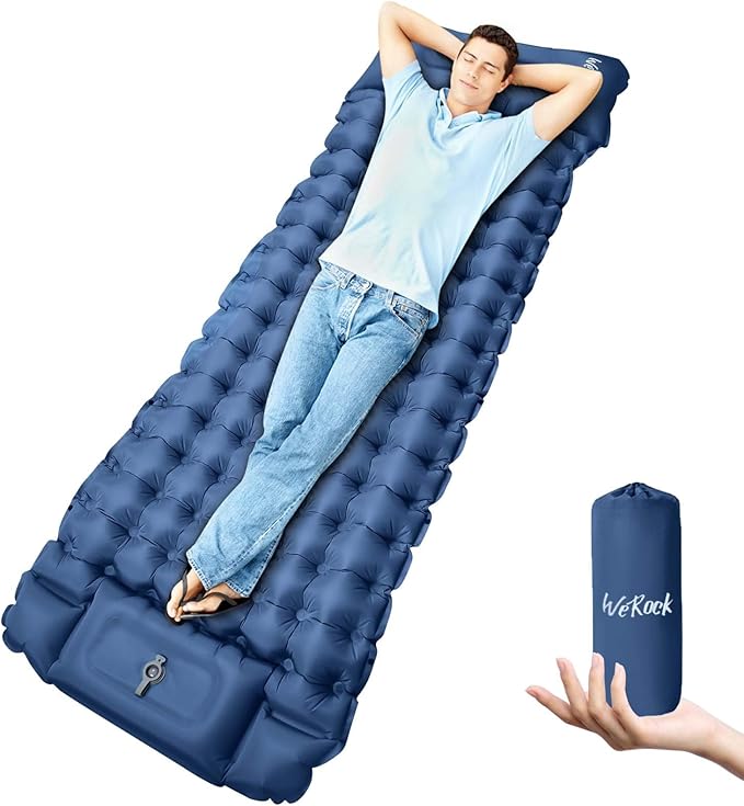 Camping Sleeping Pad, Ultralight Inflatable Camping Mat with Pillow Built-in Foot Pump Inflatable Sleeping Pads for Hiking Backpacking Camping Family Trips Tent(Blue)