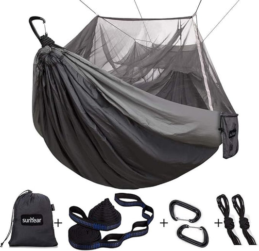 Sunyear Camping Hammock, Portable Single & Double Hammock with Net, 2 Person Hammock Tent with 2 * 10ft Straps, Best for Outdoor Hiking Survival Travel