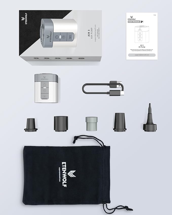 ETENWOLF AIR 3 Air Pump for Inflatables with 2600 mAh Battery & Camping Light, Ultra-Fast and Mini Electric Air Pump, Inflate Deflate for Air Mattress, Pool Floats, Vacuum Storage Bags