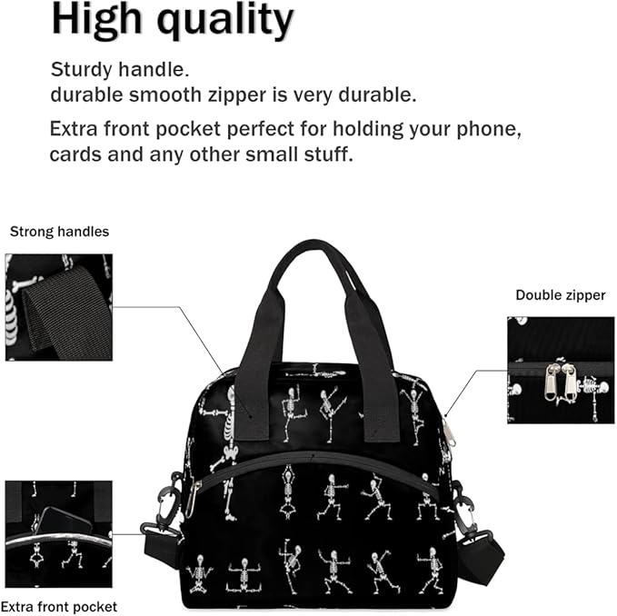 Black and White Skull Insulated Lunch Bags for Women Men Adult Skeleton Goth Reusable Lunch Tote Therma Cooler Bag with Shoulder Strap Lunch Box for School Work Office Picnic Meal Prep Bag