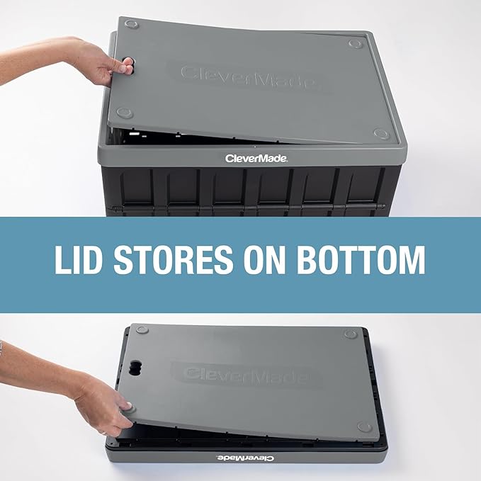 CleverMade Collapsible Storage Bins with Lids - Stone 3 Pack 46L - Plastic Containers Stackable Organization Crates Home Closet Space-Saving Durable