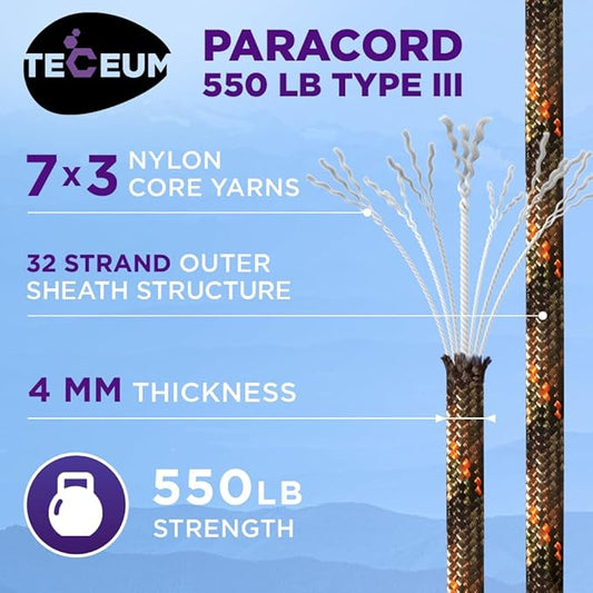 TECEUM Heavy Duty Rope 1000 – 1000ft / 200ft / 100ft / 50ft – 40+ Colors – Utility Rope for Survival & Camping Gear – Nylon String, Camping Rope, para Cord, Utility Nylon Rope, Tent Cord