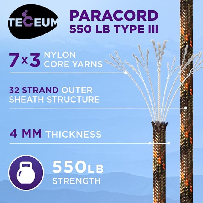 TECEUM Heavy Duty Rope 1000 – 1000ft / 200ft / 100ft / 50ft – 40+ Colors – Utility Rope for Survival & Camping Gear – Nylon String, Camping Rope, para Cord, Utility Nylon Rope, Tent Cord