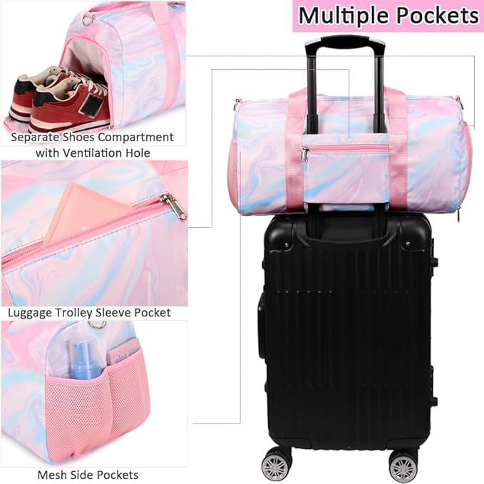 Travel Duffle Bag for Girls - Water Resistant Overnight Weekend Carry On Sports Gym Dance Bag with Shoe Compartment