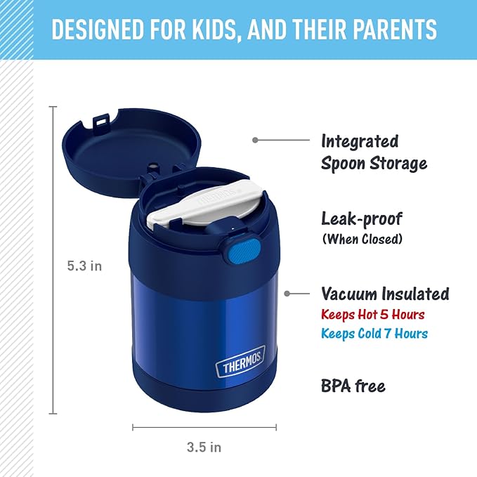 THERMOS FUNTAINER 10 Ounce Stainless Steel Vacuum Insulated Kids Food Jar with Folding Spoon, Navy