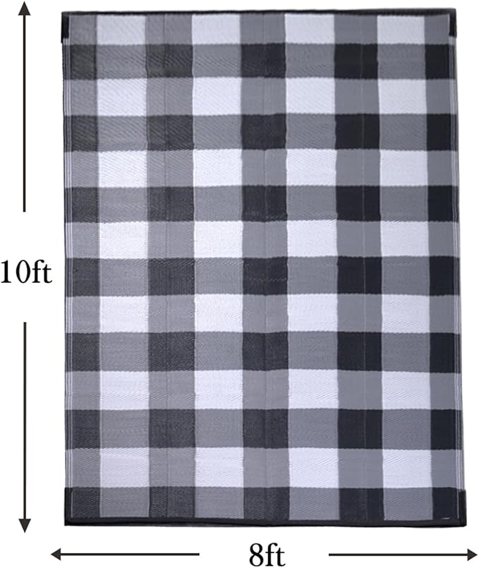 RURALITY Outdoor Rugs 8x10 Waterproof for Patios Clearance,Plastic Straw Mats for Backyard,Porch,Deck,Balcony,Reversible,Black&White&Grey