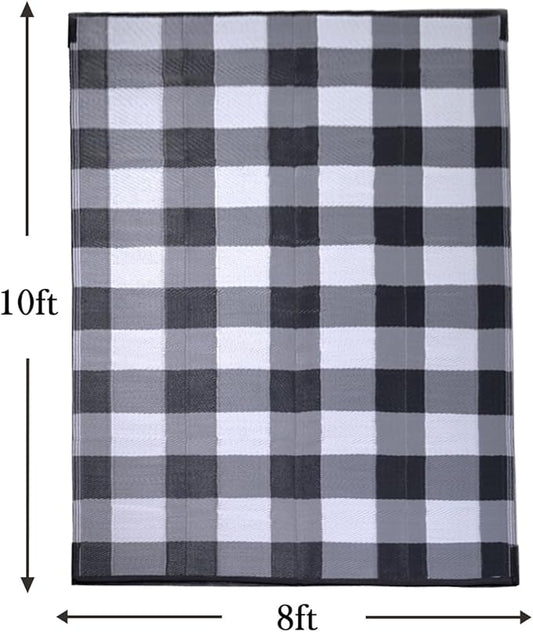 RURALITY Outdoor Rugs 8x10 Waterproof for Patios Clearance,Plastic Straw Mats for Backyard,Porch,Deck,Balcony,Reversible,Black&White&Grey