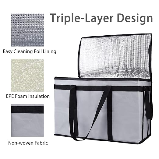 Bodaon 2-Pack Insulated Food Delivery Bag for Hot and Cold Meal, XXX-Large Grocery Tote Insulation Bag for Catering, Pizza Warmer, Cooler/Thermal Bags, Grey