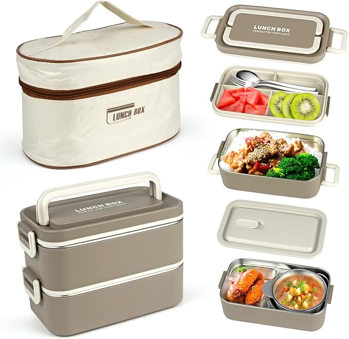 Bento Box Adult Lunch Box, Portable Insulated Lunch Containers Set, 2-Tier Stackable Stainless Steel Bento Boxes with Thermal Lunch Bag Soup Bowl, Leakproof Food Container