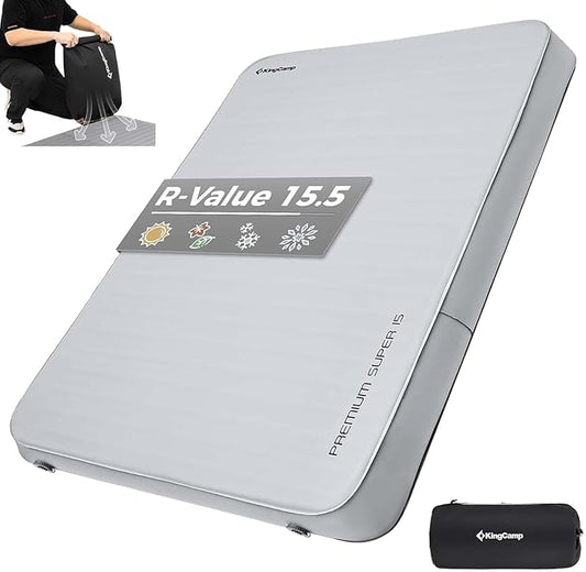 KingCamp Double Sleeping Pad, 2 Person Queen R 15.5 Self Inflating Sleeping Pad, 6"" Ultra Thick Full Size Foam Mattress Mat for Outdoor Camping Tent Car, PVC Free (Medieumgrey)