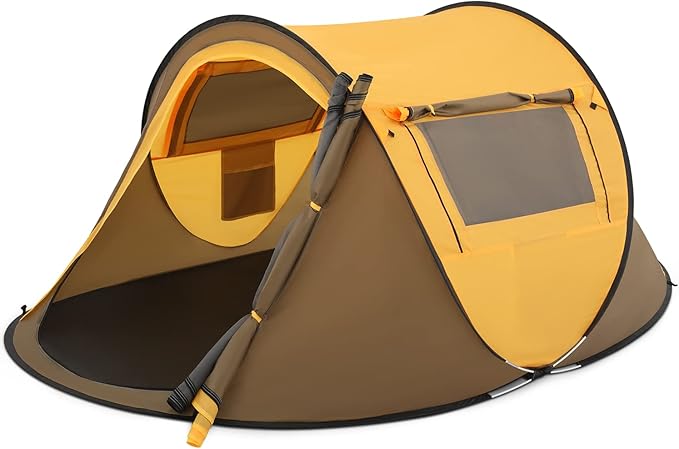 MoNiBloom Pop Up Tent 2 Person for Camping Waterproof Outdoor Easy Set Up Automatic Family Travel Tent, 2 Doors and Side Windows Instant Easy Popup Beach Tent with Carry Bag, Yellow