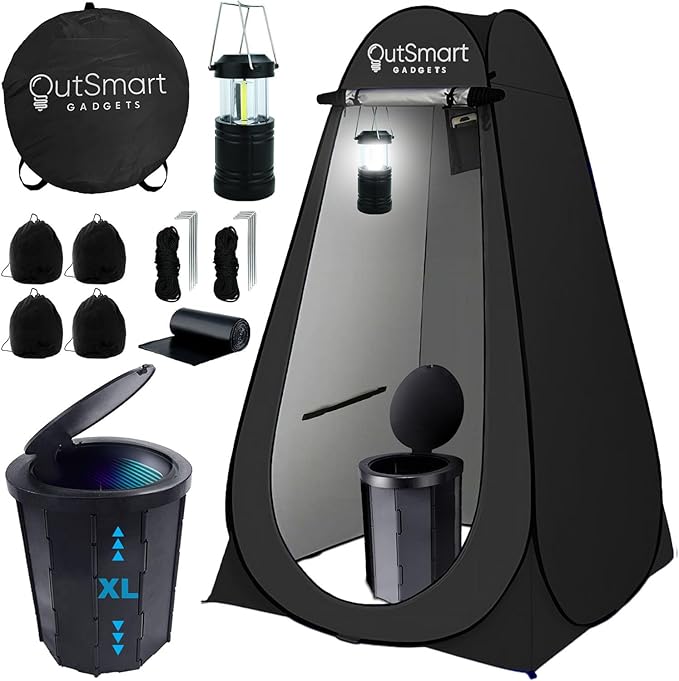 Outdoor Portable Toilet Set for Adults with Camping Night Lantern, Folding XL Toilet, Pop Up Privacy Tent and Carry Bags, Multipurpose Potty, Washable and Foldable for RV Travel